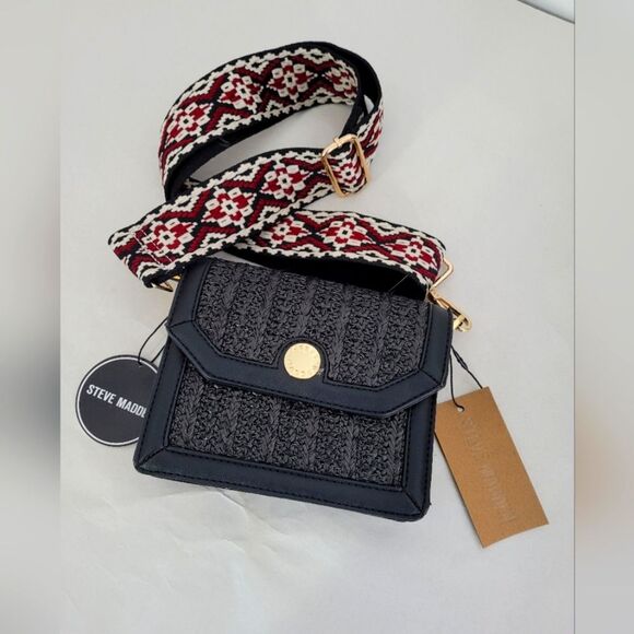 NEW Steve Madden Becho Shoulder Bag Black Leather Aztec Tribal Southwestern - Picture 1 of 9